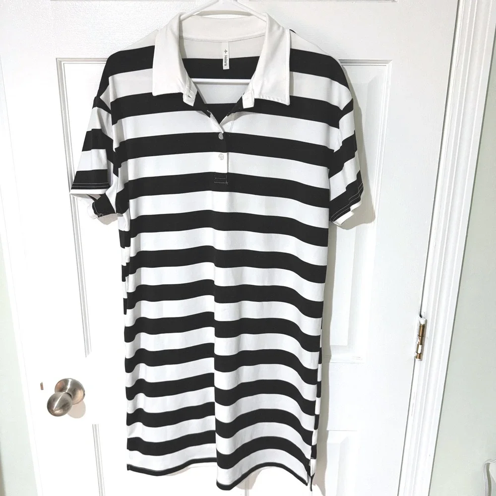 Halara Black White Striped Polo Dress Short Sleeve Mini Tennis Golf Women Large